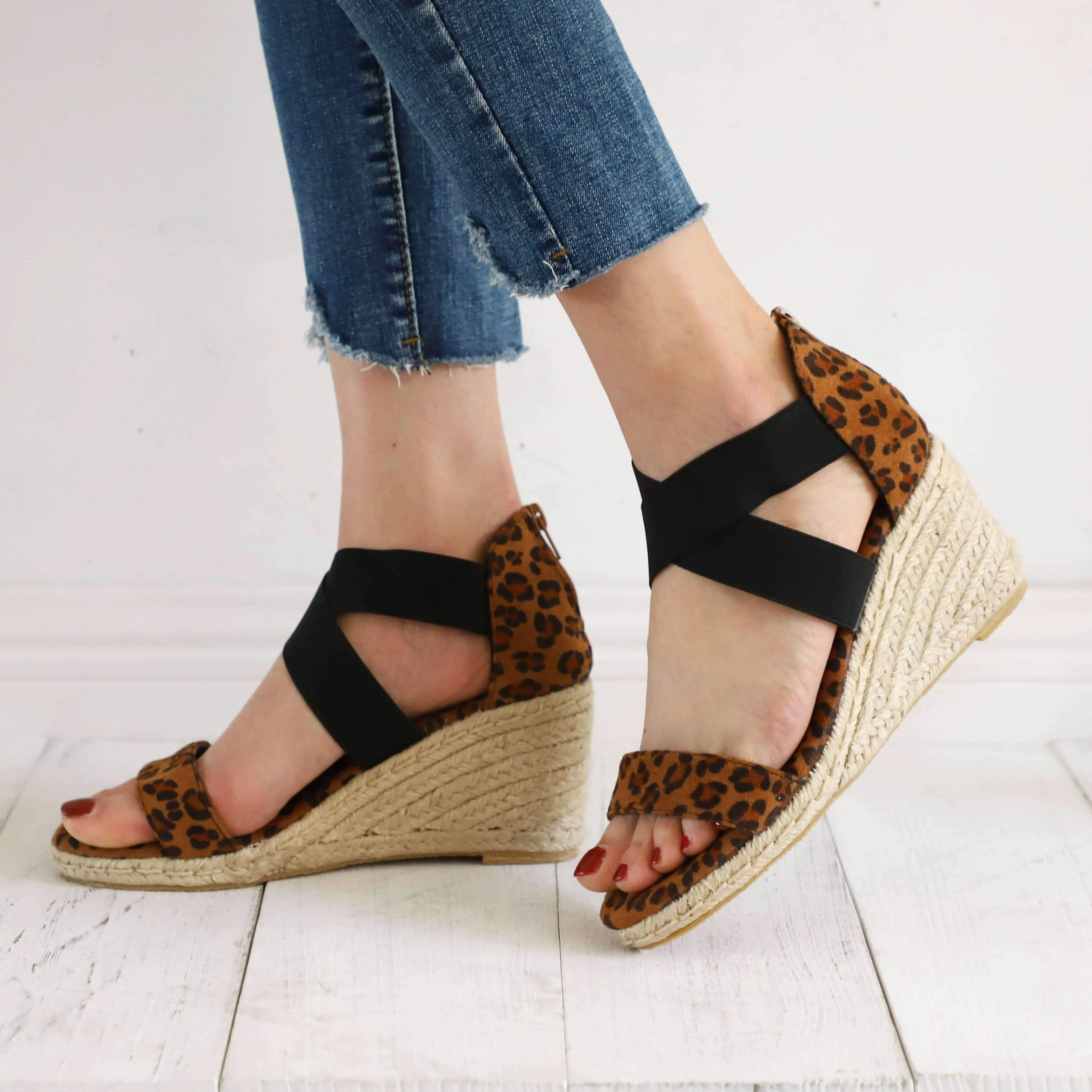 Chicvane Leopard Print Open Toe Zipper Wedge Sandals Espadrille Sandal