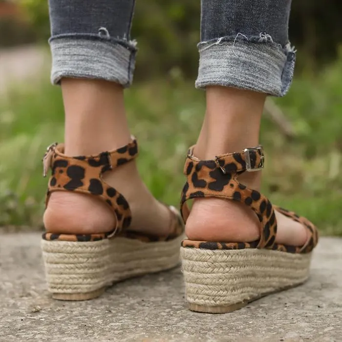 Chicvane Leopard Printed Open Toe Ankle Strap Wedge Sandals Espadrille Sandal