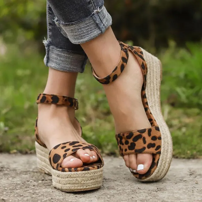Chicvane Leopard Printed Open Toe Ankle Strap Wedge Sandals Espadrille Sandal