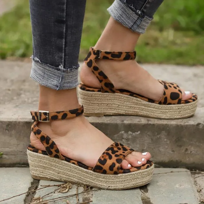 Chicvane Leopard Printed Open Toe Ankle Strap Wedge Sandals Espadrille Sandal